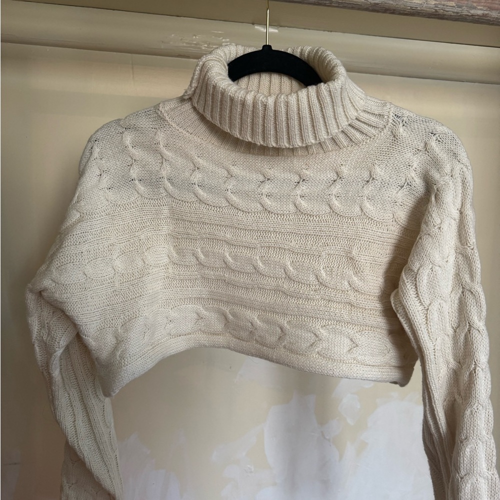 SHEIN Cream Cable Knit Cropped Turtleneck Sweater